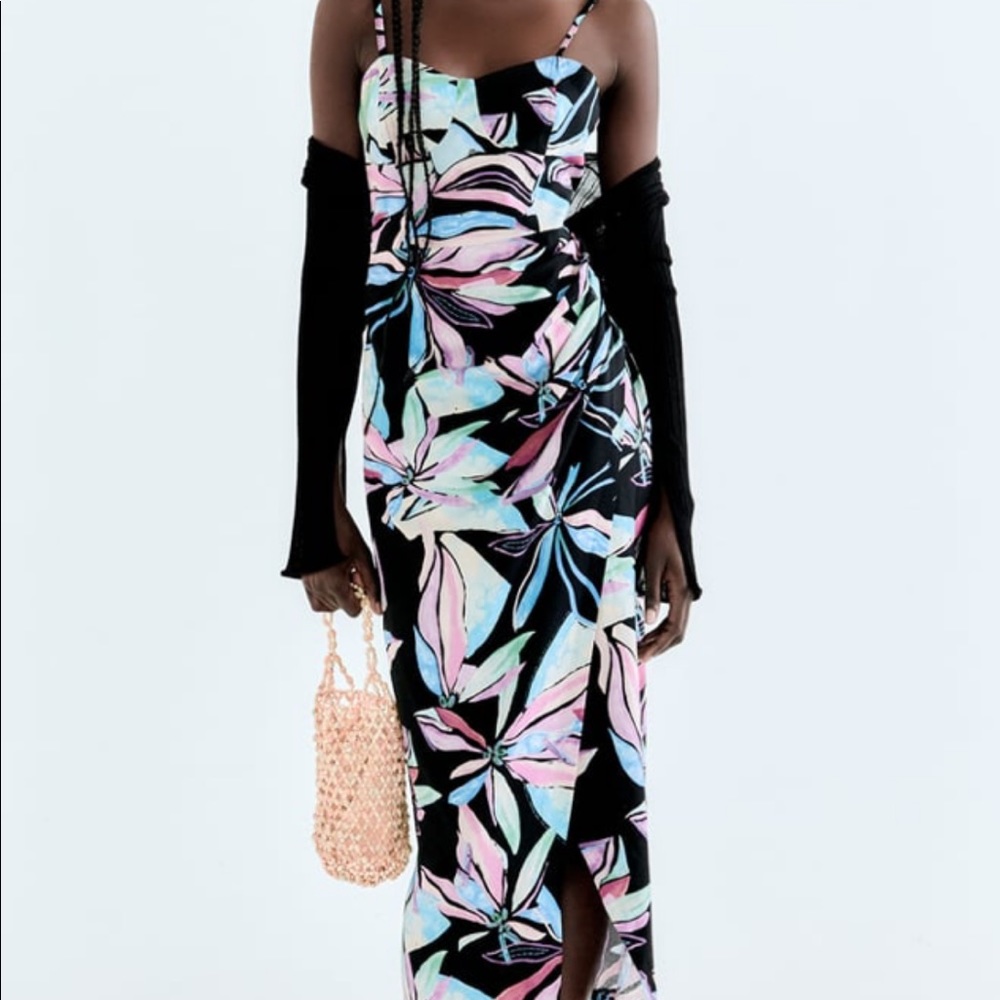 Linen blend tropical print corset dress ZARA